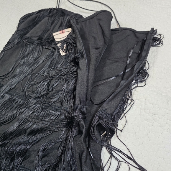 NWT Sincerely Jules Black Fringe Shimmy Spaghetti Strap Bodycon Mini Dress - Picture 6 of 8